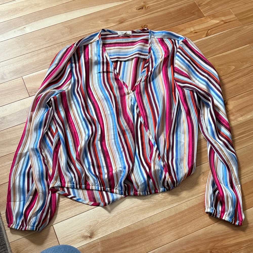 Striped V-Neck Long-Sleeve Blouse in Multi-Color